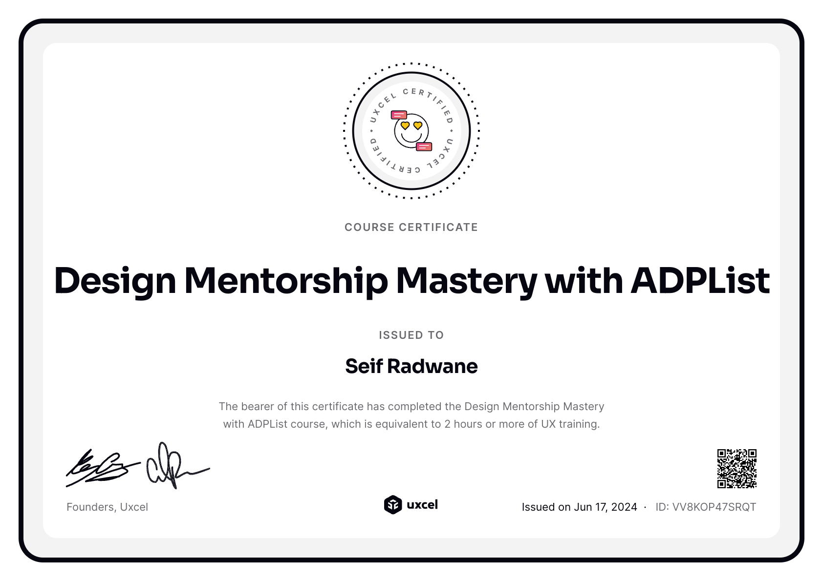 Seif Radwane's certificate